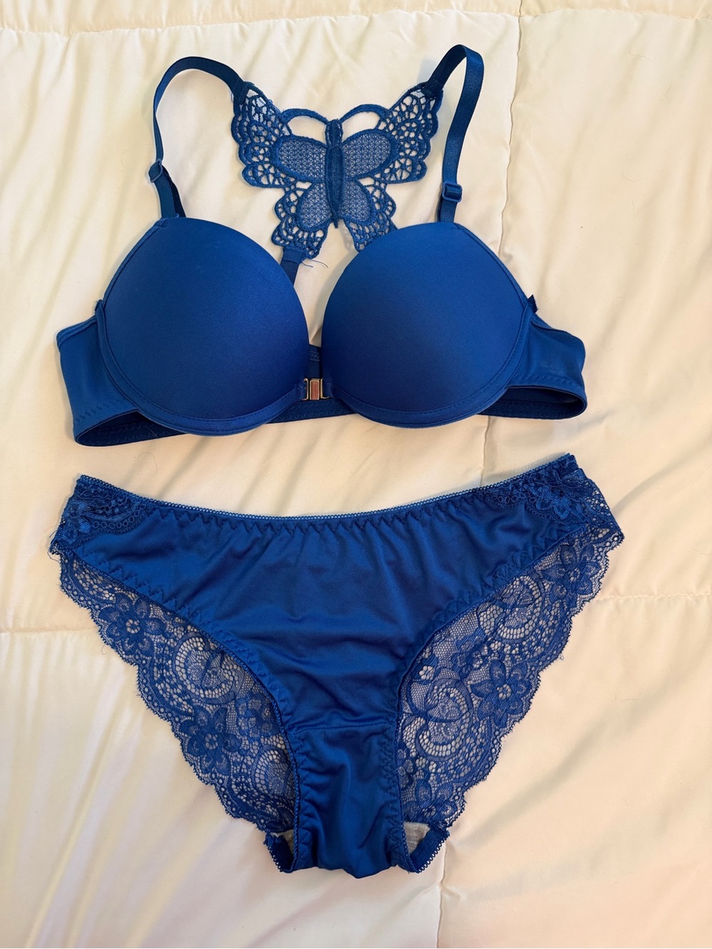 SHEIN Royal Blue Lace Butterfly Back Bra & Panty Set- S/M